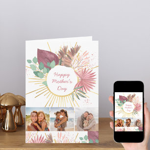Carte Joyeuse Fête des mères 3 Photo Boho Pampas rose or