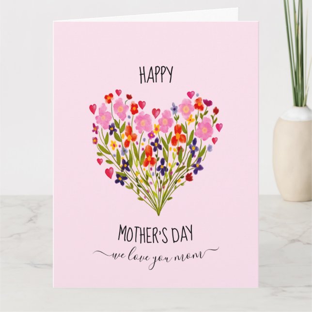 Carte "Joyeuse Fête des Mères" Cœur de fleurs à l'aquare (Devant)