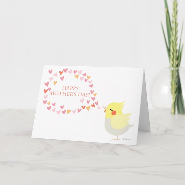 Carte Joyeuse fête des mères Cute Cockatiel aux coeurs a (Devant)