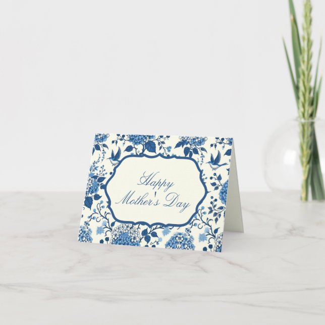 Carte Joyeuse Fête des Mères Élégante Chinoiserie Bleue  (Devant)