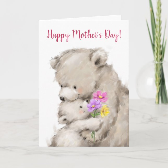 Carte Joyeuse fête des Mères, mère et ourson s'étreignan (Devant)