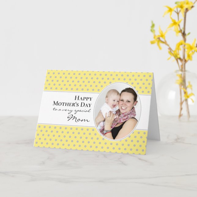 Carte Joyeuse Fête des mères Polka gris jaune photo (Fleur jaune)