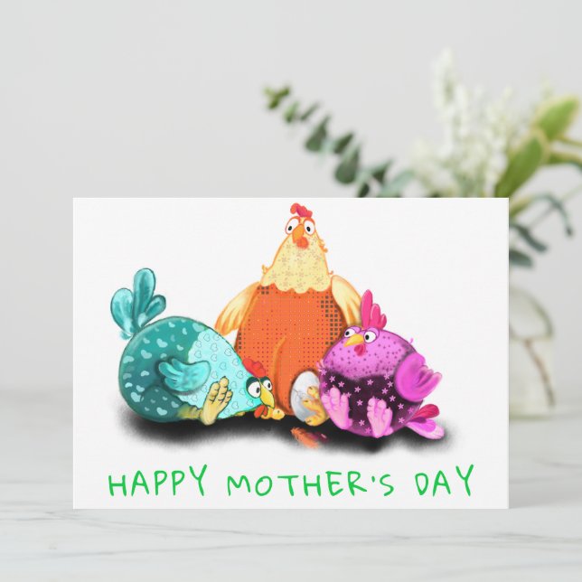 Carte Joyeuse fête des mères - poulets en attente d'un o (Debout devant)