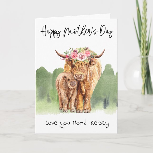 Carte Joyeuse fête des mères Vache et veau Highland (Devant)