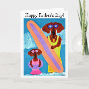 Carte Joyeuse Fête des Pères Dachshund Surfeur avec chio