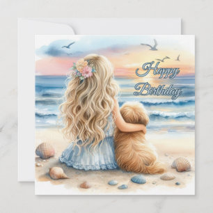 Carte Joyeuse fille d'anniversaire avec chiot sur la pla
