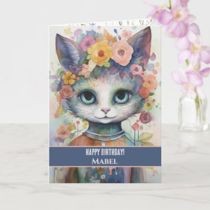 Carte Joyeuse fille d'anniversaire Purple Chat Large yeu