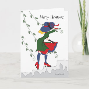 Carte Joyeuse Fille de Noël se promène sur des marches e
