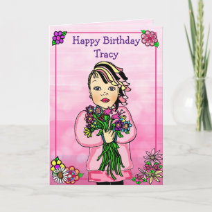 Carte Joyeuse fille Whimsical d'anniversaire avec fleurs