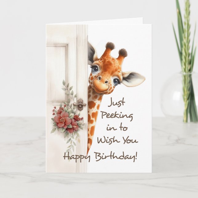 Carte Joyeuse Giraffe Anniversaire À La Porte (Devant)