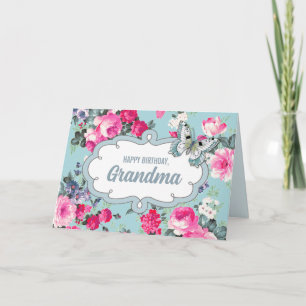 Carte Joyeuse grand-mère d'anniversaire. Fleurs et papil