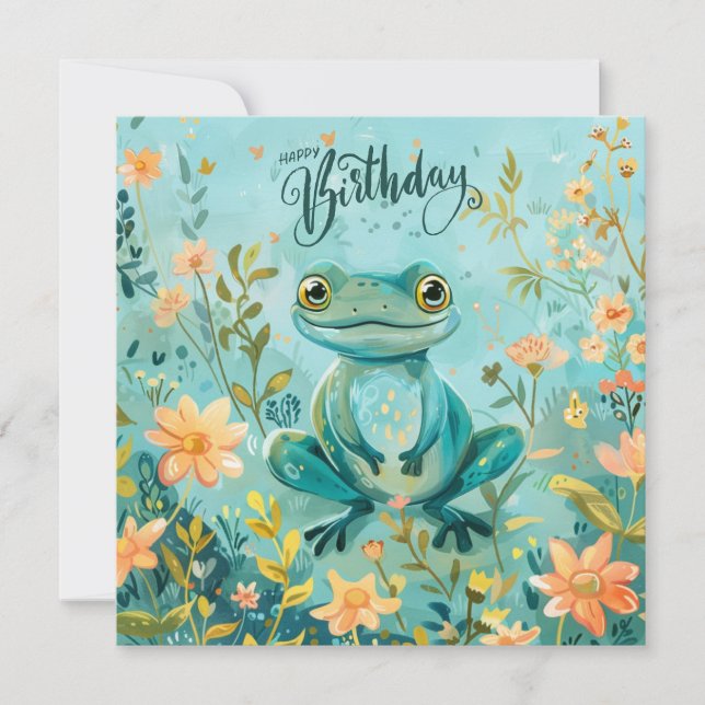 Carte Joyeuse Grenouille mignonne d'anniversaire avec fl (Devant)