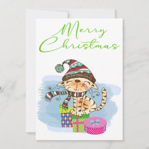 Carte Joyeuse Noël Chat de vacances Watercolor