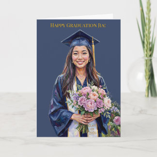 Carte Joyeuse remise de diplômes femme asiatique fleurs