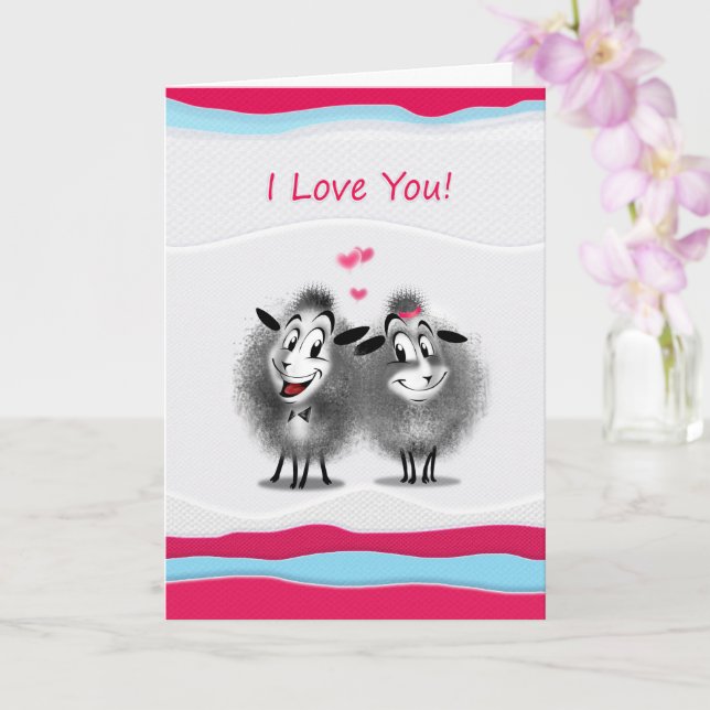 Carte Joyeuse Saint-Valentin ! Je t'aime ! Moutons migno (Orchidée)