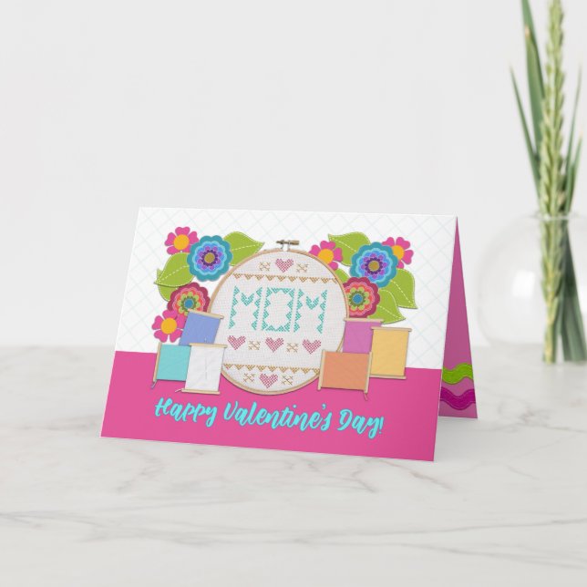 Carte Joyeuse Saint-Valentin Maman ! Fil de broderie sur (Devant)