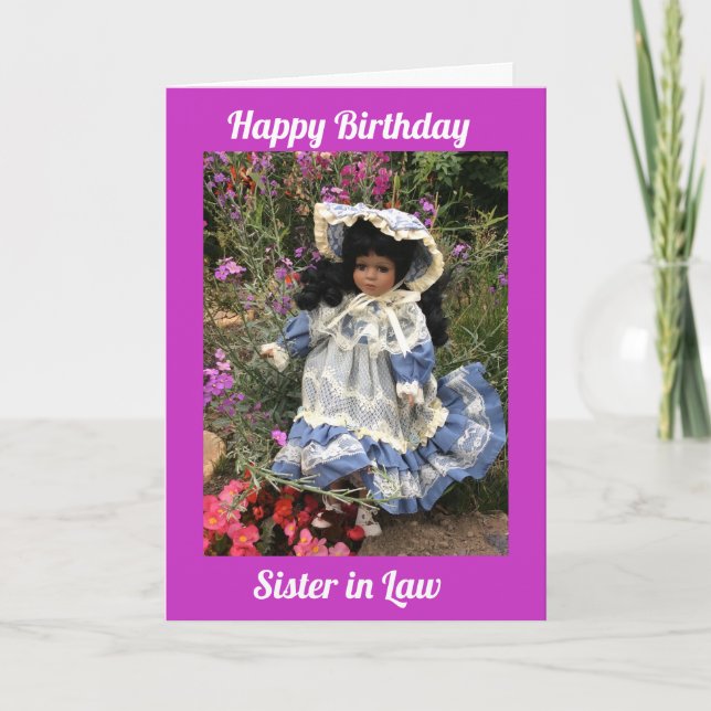 Carte Joyeuse soeur d'anniversaire en droit Poupée noire (Devant)