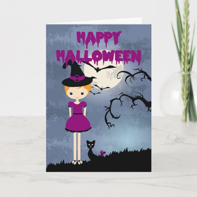 Carte Joyeuse sorcière Blonde Halloween avec chat noir (Devant)