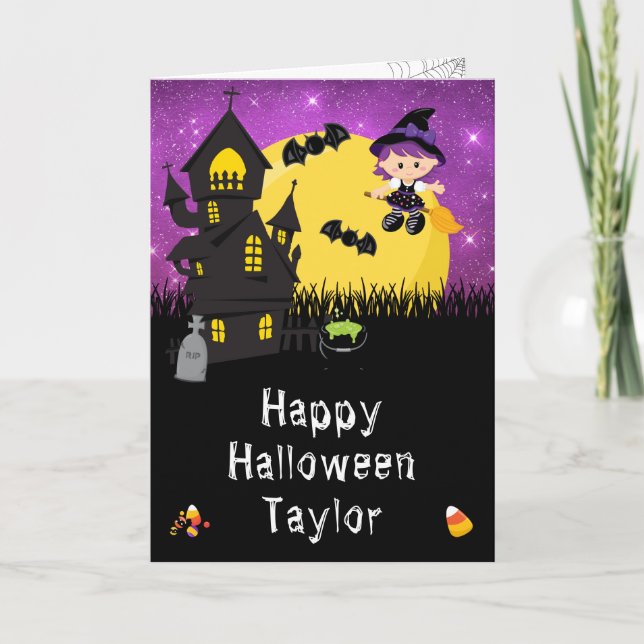 Carte Joyeuse sorcière d'Halloween violet (Devant)