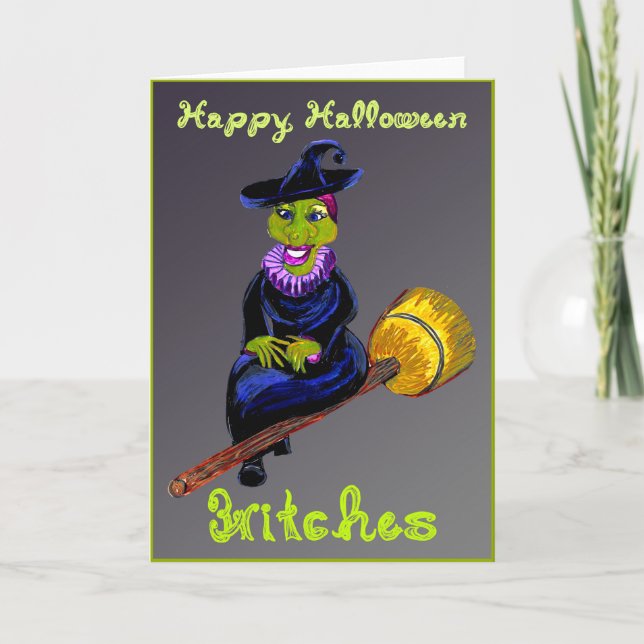 Carte Joyeuse Sorcière Halloween sur Broomstick (Devant)