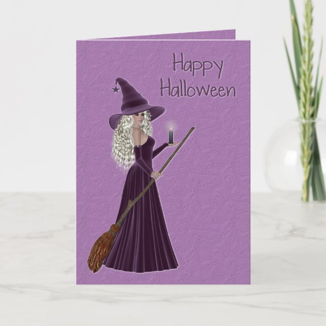 Carte Joyeuse sorcière violette Halloween (Devant)