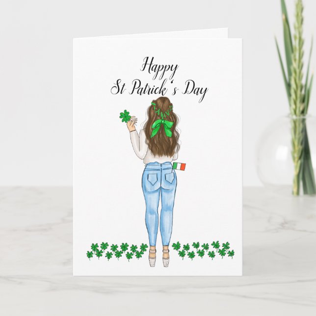 Carte Joyeuse St Patrick's Day Irlandaise Femme Clover H (Devant)