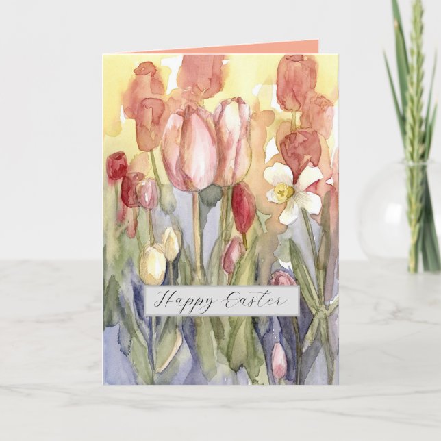 Carte Joyeuse Tulipes roses de Pâques Daffodil Aquarelle (Devant)