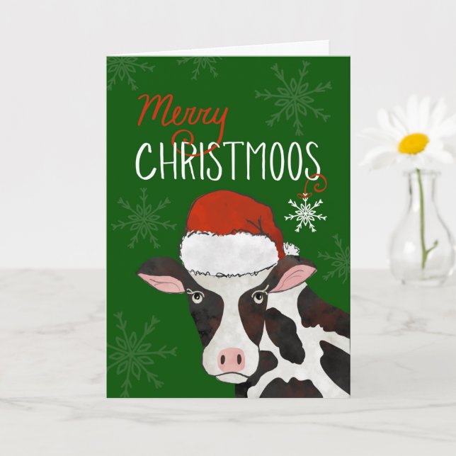 Carte Joyeuse vache de Noël avec chapeau de Père Noël (Petite plante)