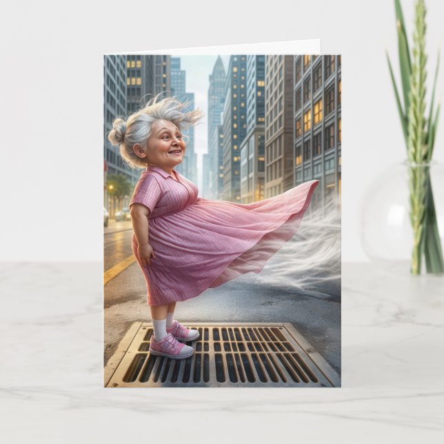 Carte Joyeuse Vielle Dame sur une tente de rue (Devant)