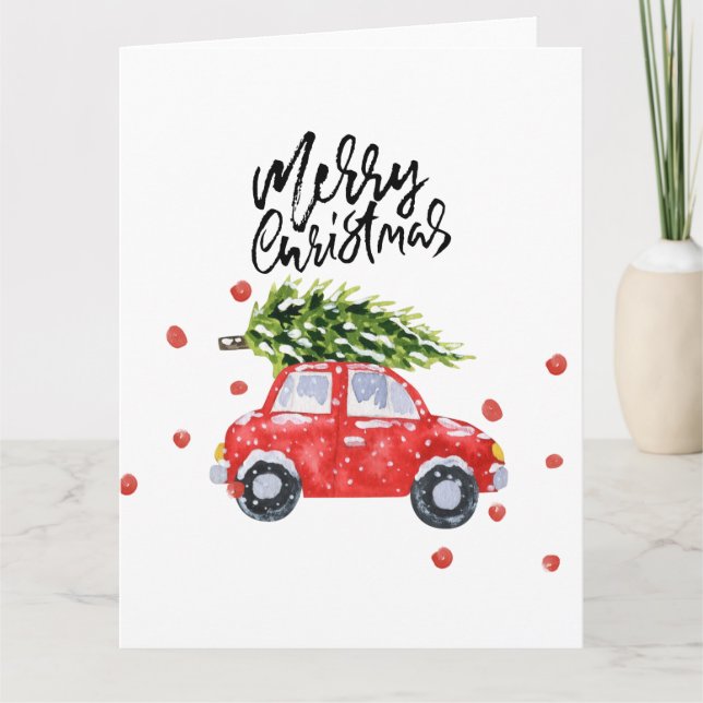 Carte Joyeuse voiture rouge de Noël avec sapin de Noël (Devant)