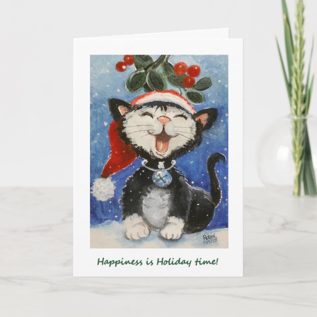 Carte Joyeuses Fêtes!, Chat heureux sous le gui (Devant)
