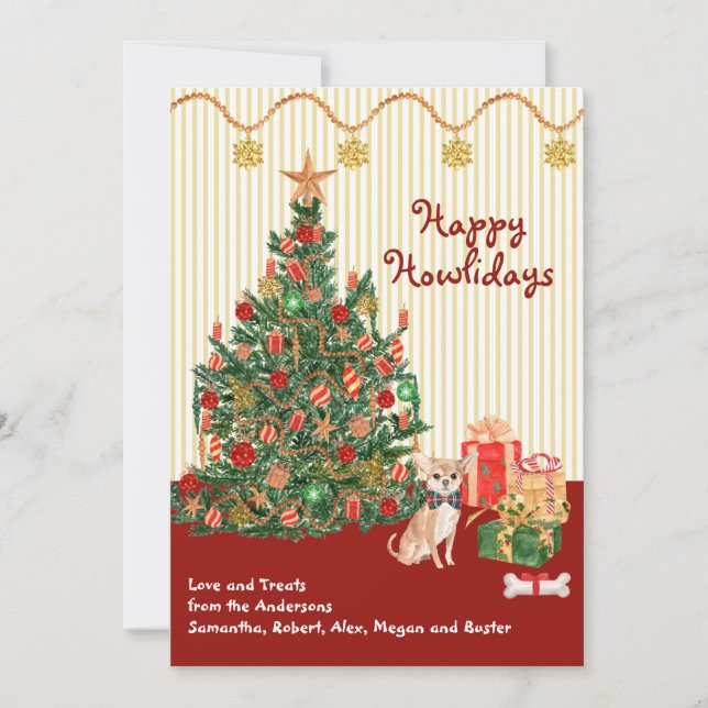 Carte Joyeuses fêtes, comment Chihuahua présente un arbr (Devant)