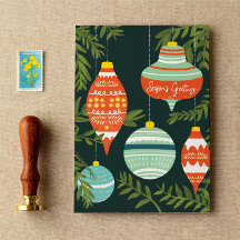 Carte Joyeuses Fêtes des ornements de Noël rétro