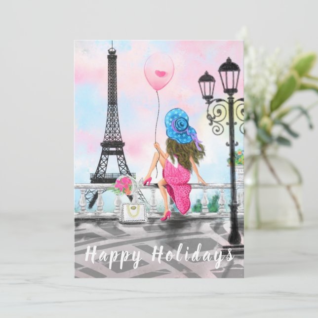 Carte Joyeuses fêtes - i Love Paris - Femme avec ballon (Debout devant)