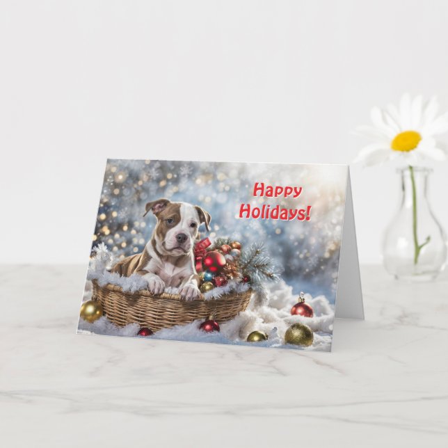 Carte Joyeuses fêtes mignonette Pitbull Chien en panier (Petite plante)