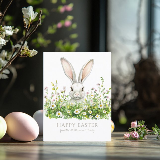 Carte Joyeuses fleurs de lapin blanc de Pâques personnal (Créateur téléchargé)