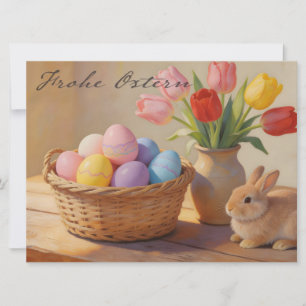Carte Joyeuses Pâques avec des œufs colorés et des tulip