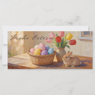 Carte Joyeuses Pâques avec des œufs colorés et des tulip
