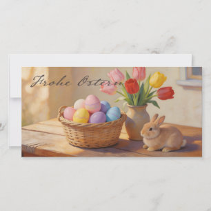 Carte Joyeuses Pâques avec des œufs colorés et des tulip