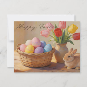 Carte Joyeuses Pâques avec œufs colorés et tulipes