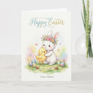 Carte Joyeuses Pâques Bisous Lapin et Poussin