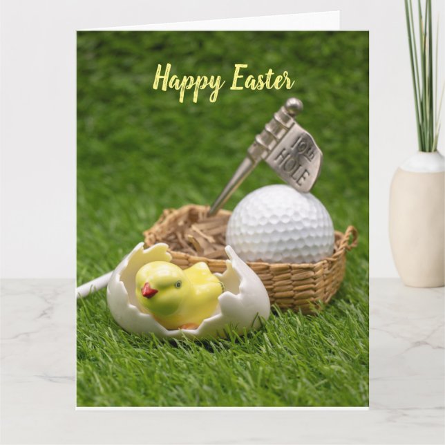 Carte Joyeuses Pâques de golf avec un poulet et une ball (Devant)