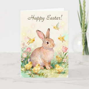 Carte Joyeuses Pâques Lapin Vintage avec Poussins