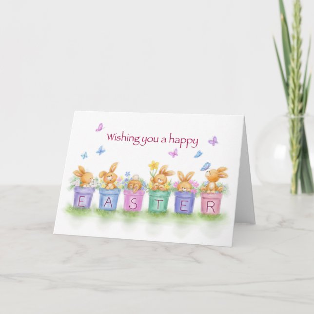 Carte Joyeuses Pâques, lapins dans des pots de fleurs av (Devant)