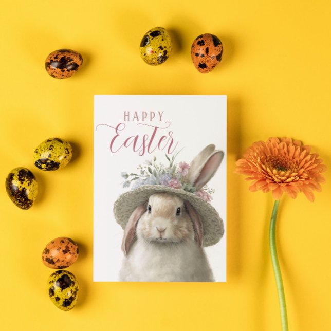 Carte Joyeuses Pâques Photo de Lapin aux Fleurs Mignon (Créateur téléchargé)
