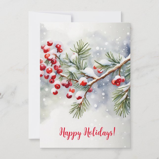 Carte Joyeuses vacances avec baies rouges et neige (Devant)