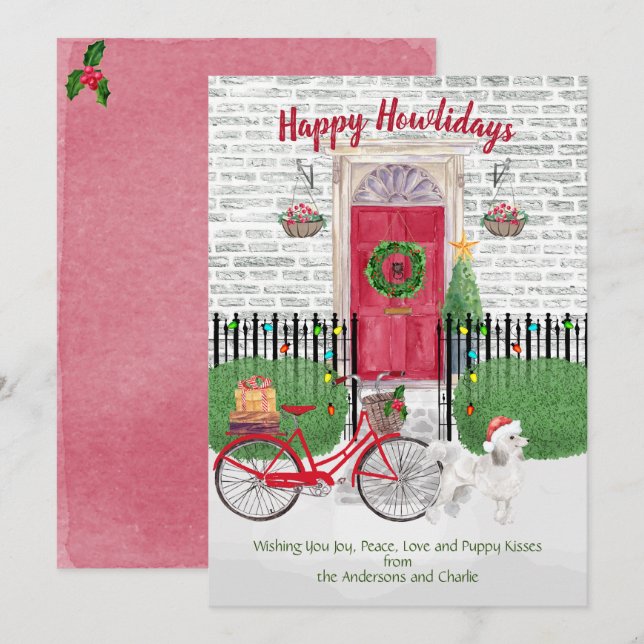 Carte Joyeuses vacances Bicyclette de caniche blanche (Devant / Derrière)