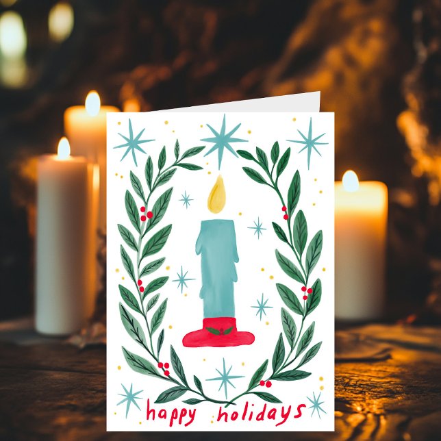Carte Joyeuses vacances bougie Botanique Noël artisanal (Happy Holidays Candle Botanical Handmade Christmas Card
)