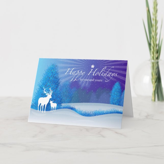Carte Joyeuses vacances Cerf en hiver Bois de nuit (Devant)