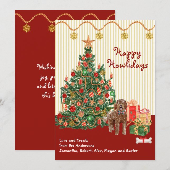 Carte Joyeuses vacances Labradoodle Tree présente (Devant / Derrière)